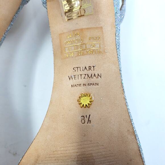 Stuart Weitzman Nudistcurve Glitter Ankle Strap Sandals Silver Crystal Size 8.5 - Picture 9 of 11